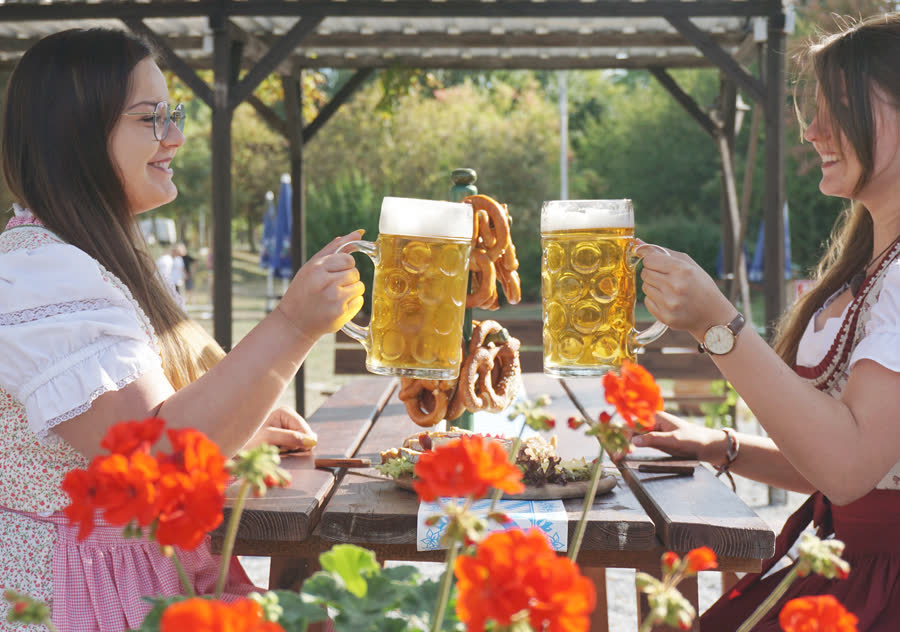 Zwei Frauen im Dirndl stoßen mit Maßkrügen an